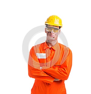 Contractor employee wearing coveralls isolated on white