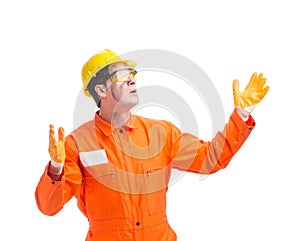 Contractor employee wearing coveralls isolated on white