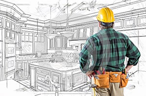 Contractor With Hard Hat and Tool Belt Facing Custom Kitchen Design Drawing Details
