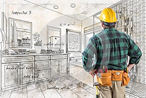 Contractor With Hard Hat and Tool Belt Facing Custom Master Bathroom Design Drawing Details
