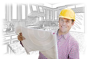 Contractor Holding Blueprints Over Custom Kitchen Drawing