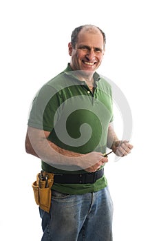 Contractor repairman with tool belt and hammer photo