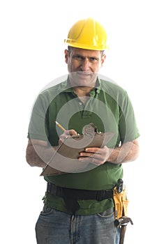 Contractor repairman with tool belt and hammer