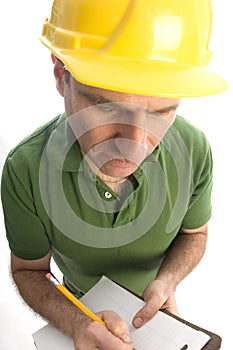 Contractor repairman with tool belt and hammer