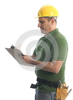 Contractor repairman with tool belt and hammer