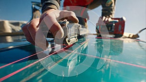 Contractor using laser level for precise construction