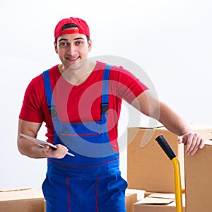 Contractor worker moving boxes during office move