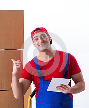 Contractor worker moving boxes during office move