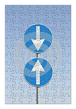 Contradiction concept image with road signs in jugsaw puzzle shape