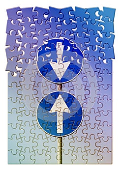 Contradiction concept image with road signs in jugsaw puzzle shape photo