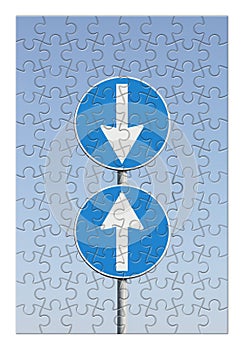 Contradiction concept image with road signs in jugsaw puzzle shape photo