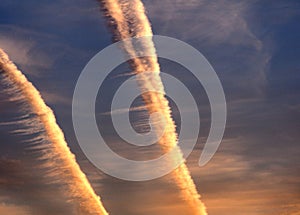 Contrails from a jet plane in the sky