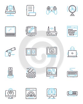 Contraption linear icons set. Machine, Rube Goldberg, Gadget, Device, Invention, Gizmo, Mechanism line vector and