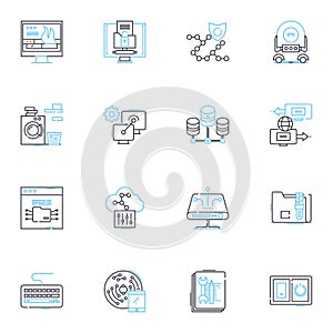 Contraption linear icons set. Machine, Rube Goldberg, Gadget, Device, Invention, Gizmo, Mechanism line vector and