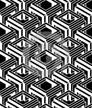 Contrast black and white symmetric seamless pattern with interweave figures. Continuous geometric composition, for use in graphic