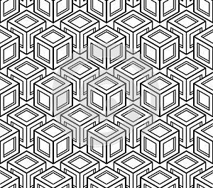 Contrast black and white symmetric seamless pattern with interweave figures. Continuous geometric composition, for use in graphic