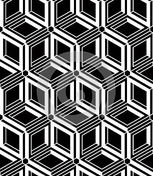 Contrast black and white symmetric seamless pattern with interweave figures. Continuous geometric composition, for use in graphic photo