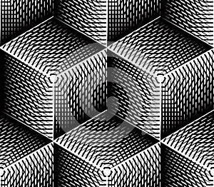 Contrast black and white symmetric seamless pattern with interweave figures. Continuous geometric composition, for use in graphic