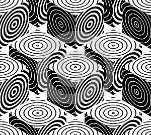 Contrast black and white symmetric seamless pattern with interweave figures. Continuous geometric composition, for use in graphic