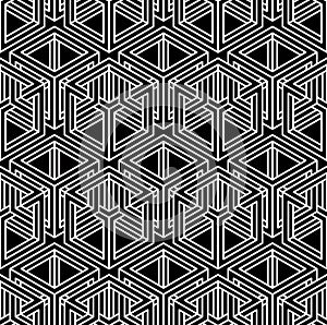 Contrast black and white symmetric seamless pattern with interweave figures. Continuous geometric composition, for use in graphic