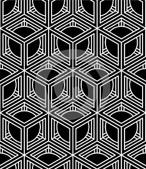 Contrast black and white symmetric seamless pattern with interweave figures. Continuous geometric composition, for use in graphic