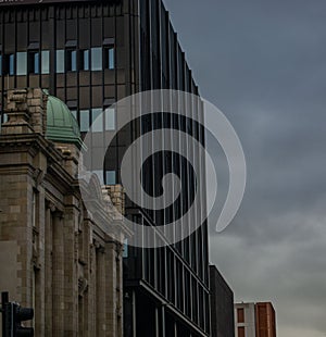 Contrast of both old and new buildings in Manchester City, England