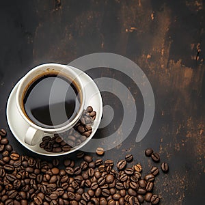 Contrast coffee cup and beans against a deep, dark background