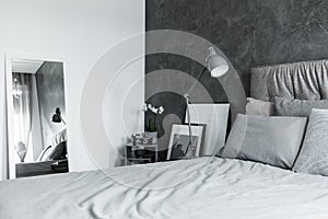 Contrast color bedroom with mirror