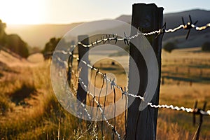 Contrast and Containment: Barbed Wire Fence in the Foreground Landscape.