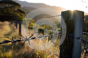 Contrast and Containment: Barbed Wire Fence in the Foreground Landscape.