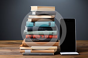 Contrast of e reader and hardcover books on light grey table, text space available