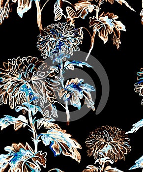 Contrast floral seamless pattern with chrysanthemum flowers.