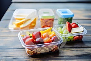 contrast of healthy fruit and unhealthy fast food in school lunchboxes