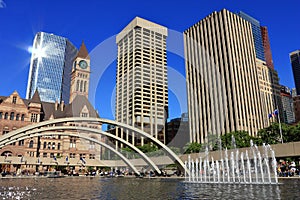 Toronto Nathan Phillips Square with Old City Hall and Modern Buildings, Ontario, Canada