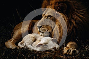 Contrast Of Natures Juxtaposition Peaceful Lion And Lamb On Dark Canvas