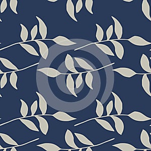 Contrast seamless botanic pattern with leaves branches ornament. Navy blue background. Grey color foliage
