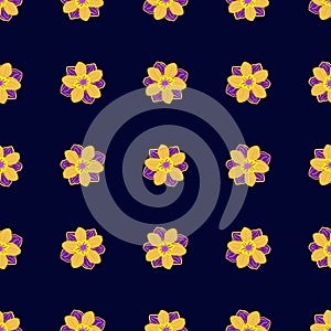 Contrast seamless nature pattern with abstract yellow anemone bud flower shapes. Dark purple background