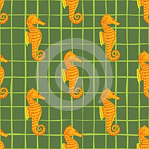Contrast seamless pattern with orange seahorse silhouettes ornament. Green chequered background. Simple design