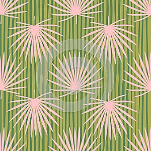 Contrast simple seamless pattern with doodle fan palm leafs pint. Pink tropical elements on green striped background