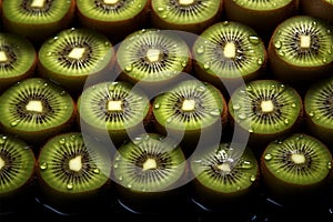 Contrast of a single kiwi slice among whole, fresh kiwis