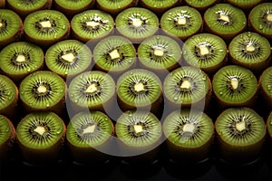 Contrast of a single kiwi slice among whole, fresh kiwis