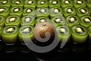 Contrast of a single kiwi slice among whole, fresh kiwis