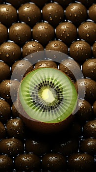 Contrast of a single kiwi slice among whole, fresh kiwis