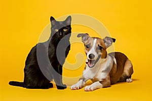 Contrasting black cat and playful dog against vibrant yellow background, captivating expressions