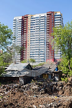 Contrasting cityscape with residential skyscrapers