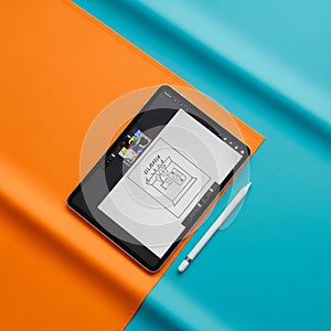 The contrasting colors emphasize a modern creative workspace setup