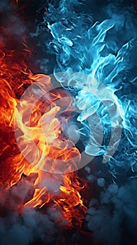 Contrasting fire and ice patterns mesmerize on a dark backdrop