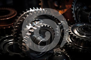Contrasting image of shiny new gear wheels against a worn-out, dark industrial background, representing innovation and progress
