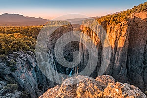 Contrasting panoramic view of the Tazi canyon in the Koprulu nature Park in Turkey. Natural wonders and tourist