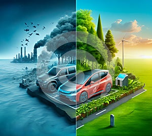 Contrasting Visions of Environmental Impact Traditional Gasoline Car Versus the Clean, Green Future of Electric Vehicles